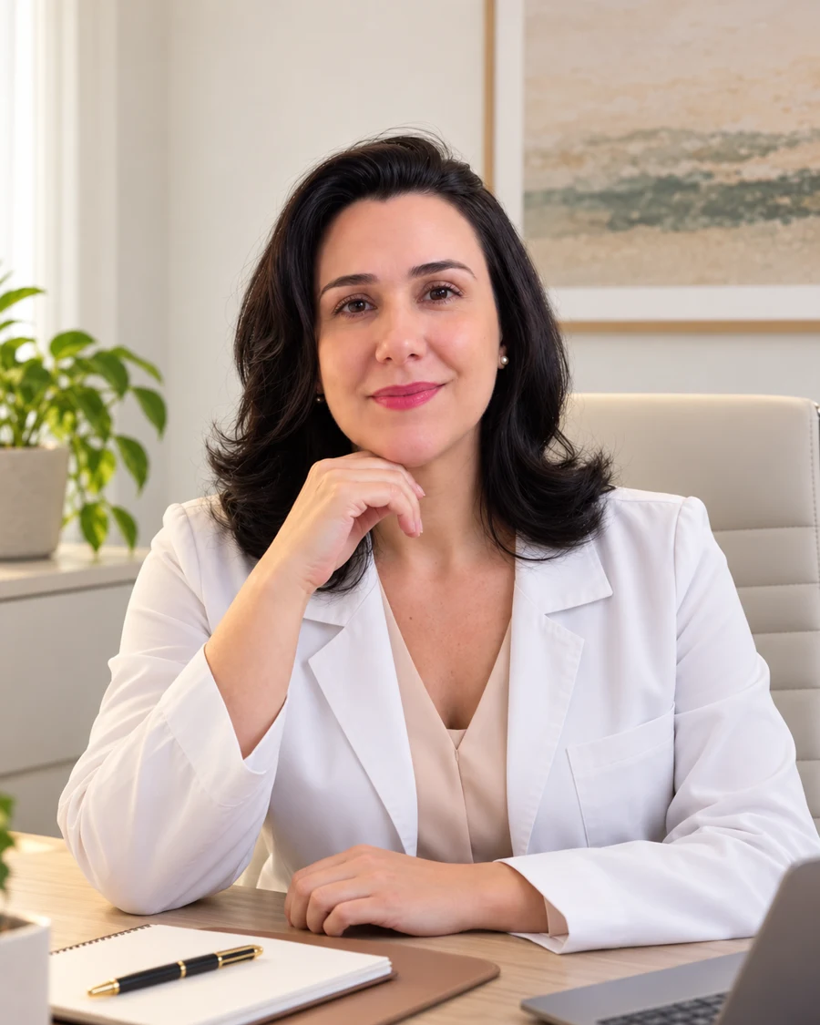 Fernanda Paiva, psicóloga e neuropsicóloga, sentada à mesa no consultório